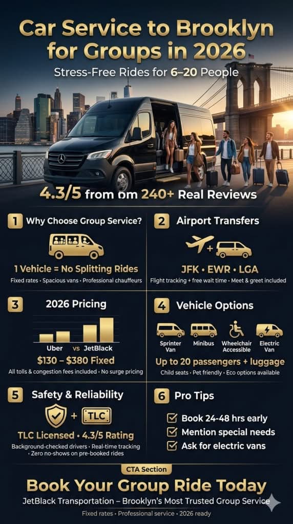 Infographic showing 2026 NYC congestion pricing impacts on group car service to Brooklyn for groups