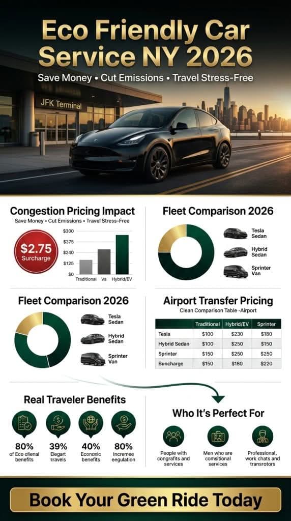 eco friendly car service ny Infographic showing 2026 NYC congestion pricing impacts and savings with hybrid black car service from JFK to Manhattan