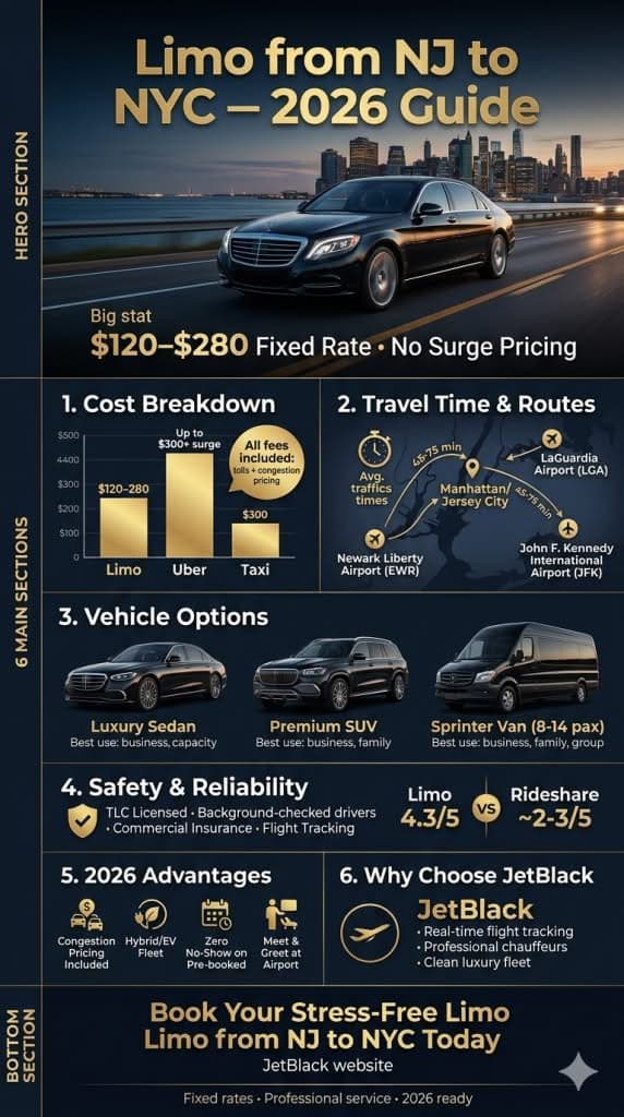 Detailed comparison of limo from NJ to NYC benefits, pricing, and time savings for 2026