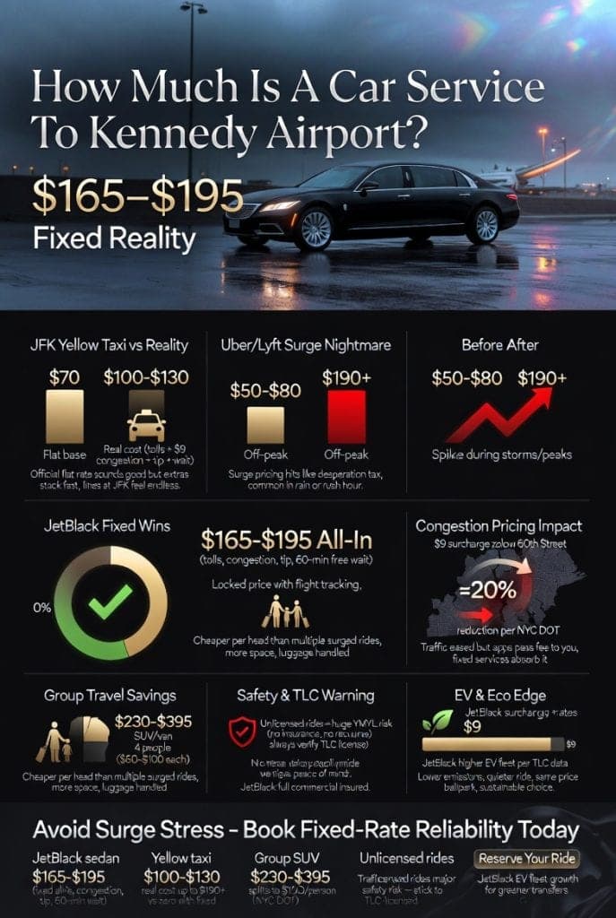 Infographic showing 2026 NYC congestion pricing impacts on limo services and how much is a car service to Kennedy Airport fixed rates