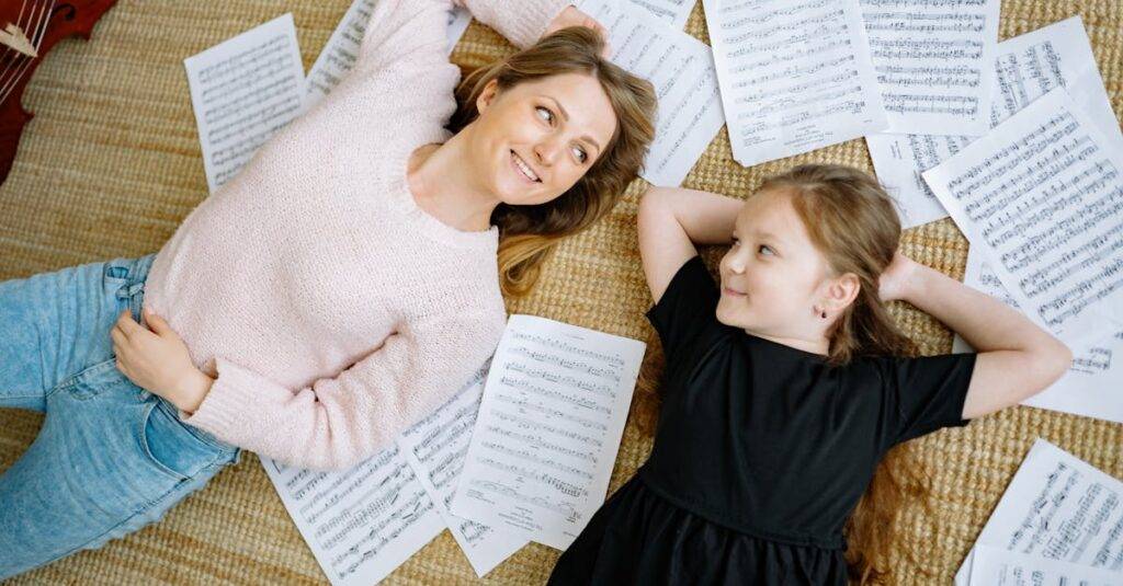 Mother And Daughter Lying On Floor With Sheet Music, Smiling And Looking At Each Other.