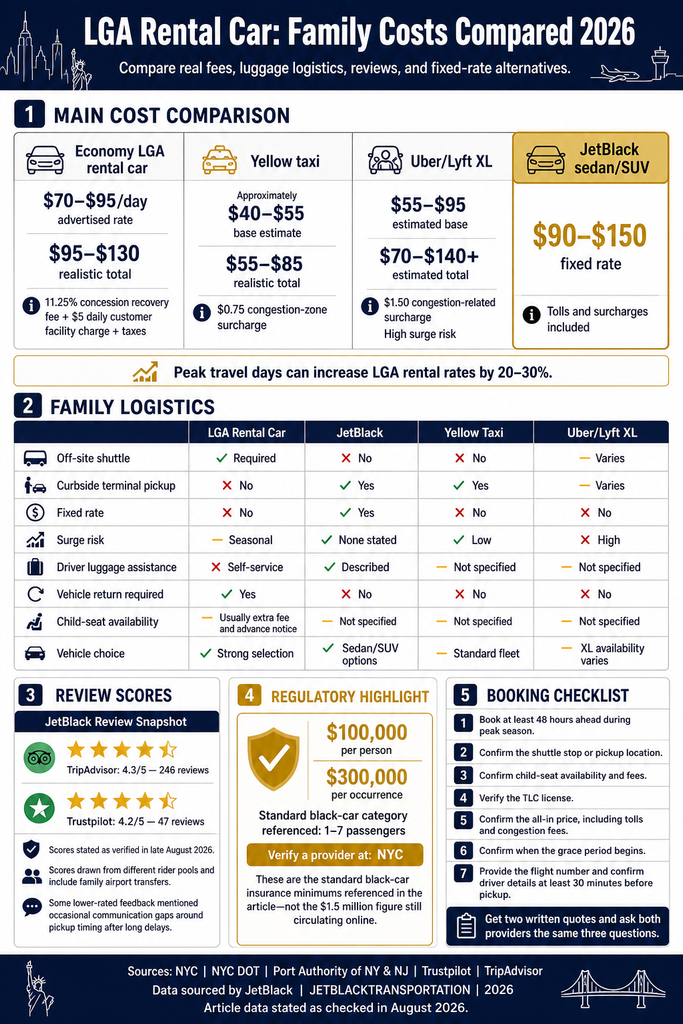 LGA Rental Car: 7 Honest, Essential Family Facts for Fall 2026 3 October 31, 2026 Infographic comparing LGA rental car, taxi, rideshare, and JetBlack family transportation costs in 2026.