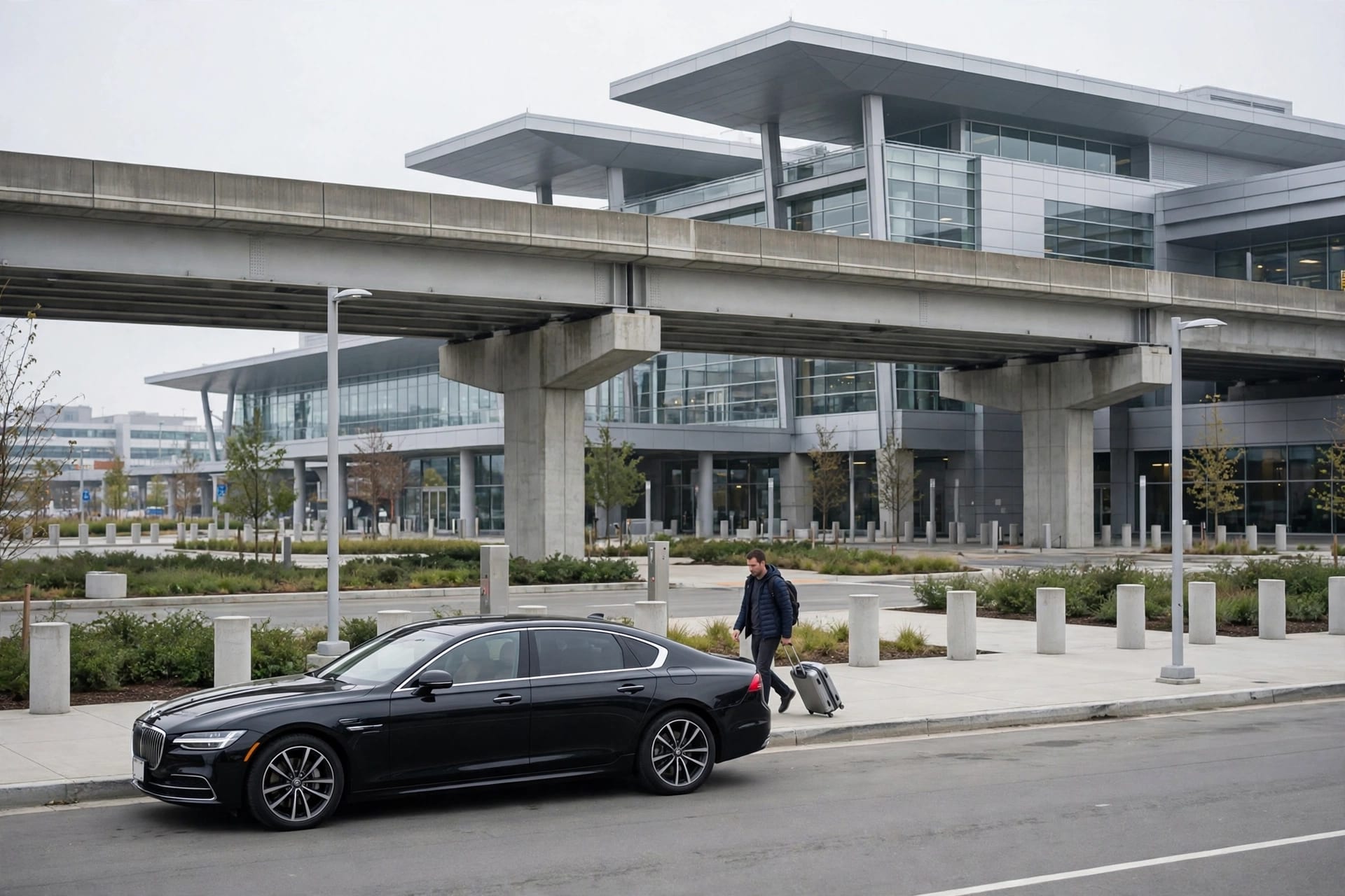 Blogs | Articles | News | Tips & Tricks | Video | FAQ | Infomation 4 October 17, 2026 JFK airport limo service: black sedan staged at a JFK terminal curb under the AirTrain track as a traveler walks up with a rolling suitcase
