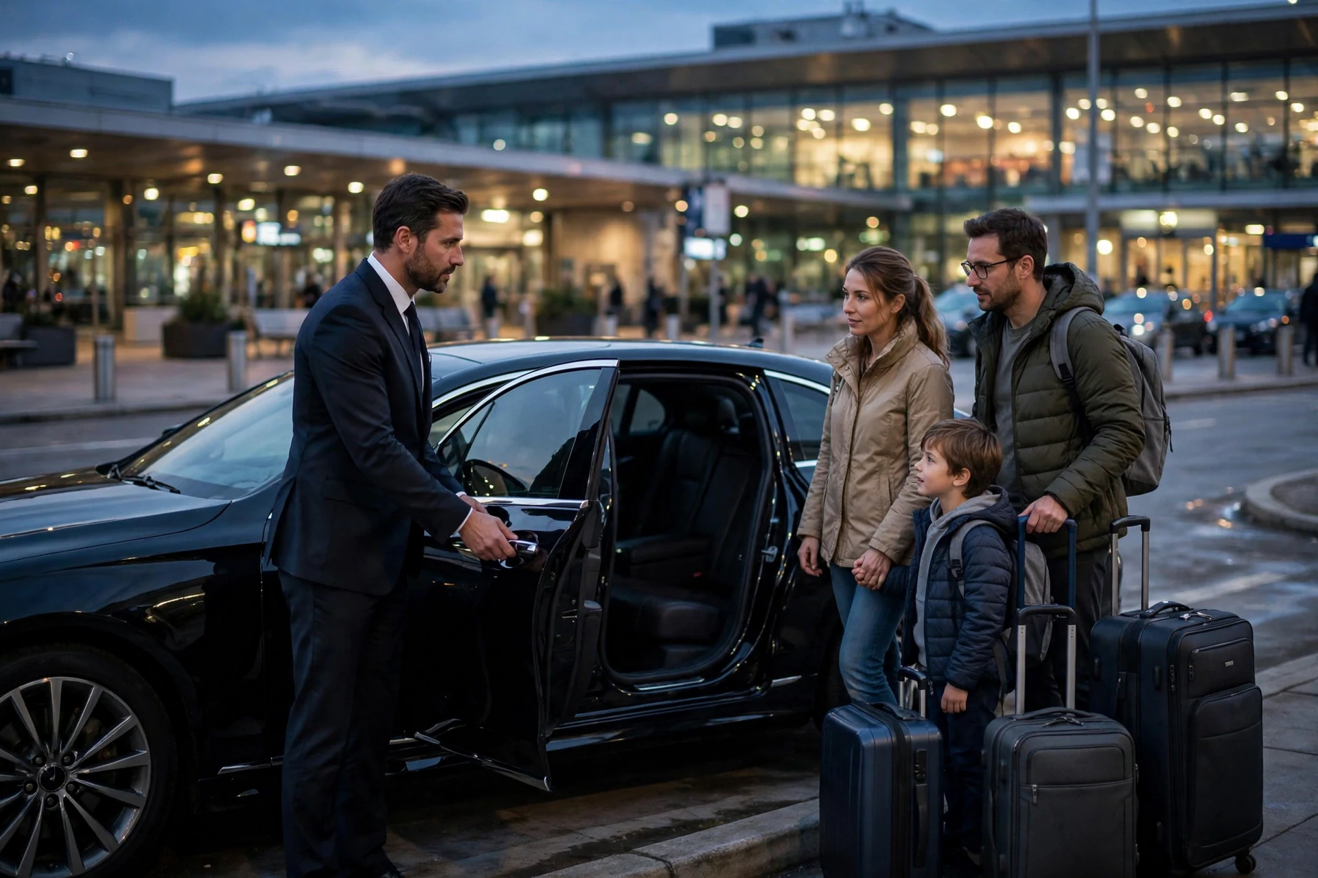 Blogs | Articles | News | Tips & Tricks | Video | FAQ | Infomation 6 October 19, 2026 chauffeur in a suit opening the rear door of a black sedan for a family with suitcases at a JFK arrivals curb at dusk