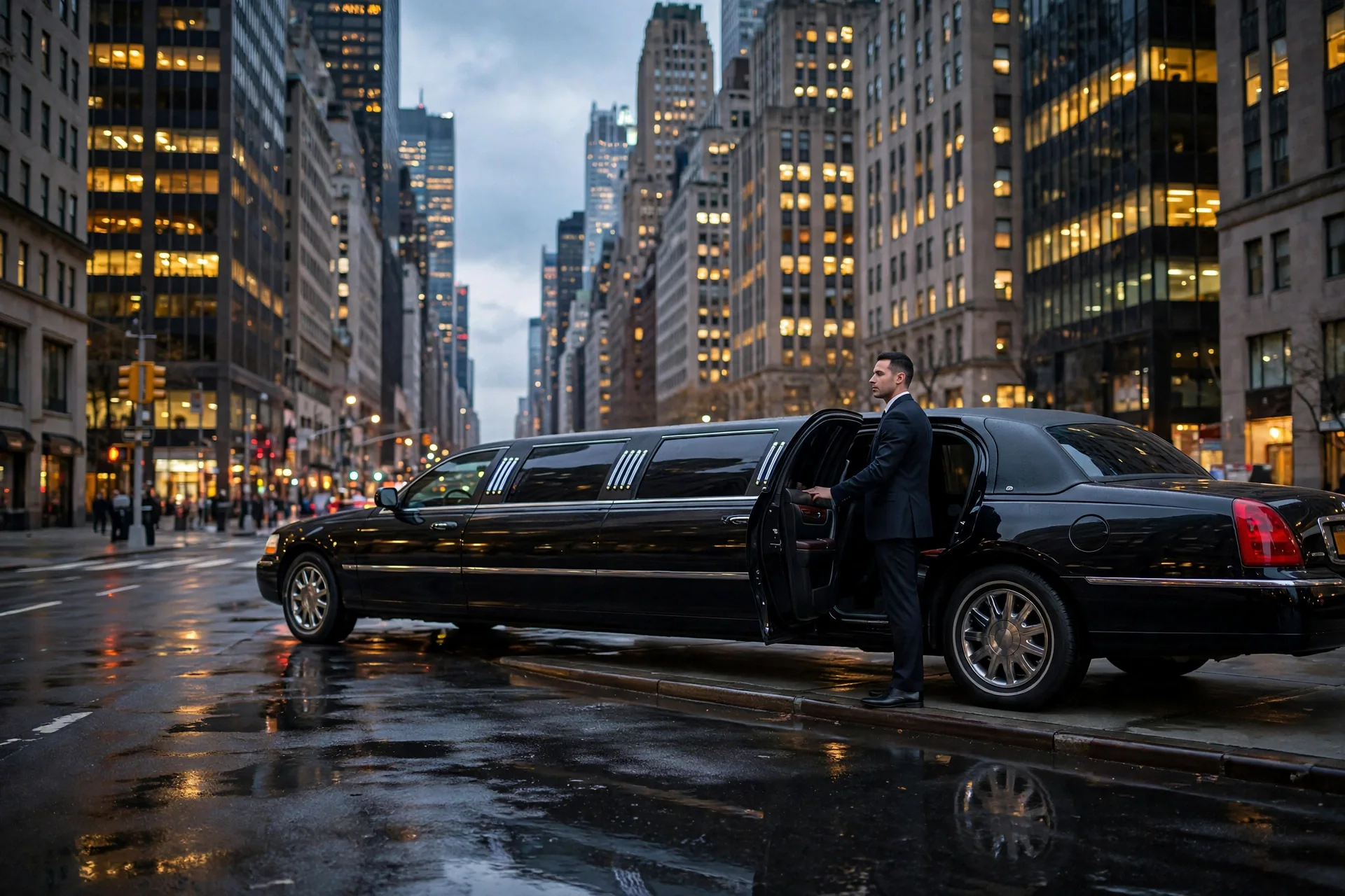 Blogs | Articles | News | Tips & Tricks | Video | FAQ | Infomation 5 October 17, 2026 limo service in nyc: black stretch limousine at a Midtown Manhattan curb at dusk, chauffeur holding the rear door open
