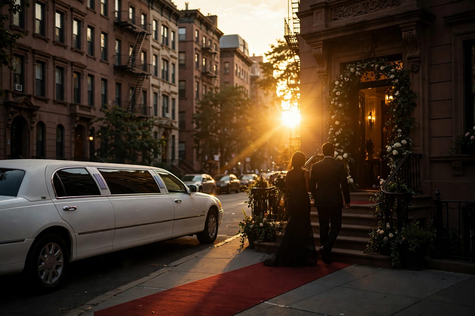 Limo Service in NYC: Every Occasion, Honest 2026 Rates 4 October 17, 2026 white stretch limousine waiting at a red carpet outside a Manhattan brownstone venue at golden hour