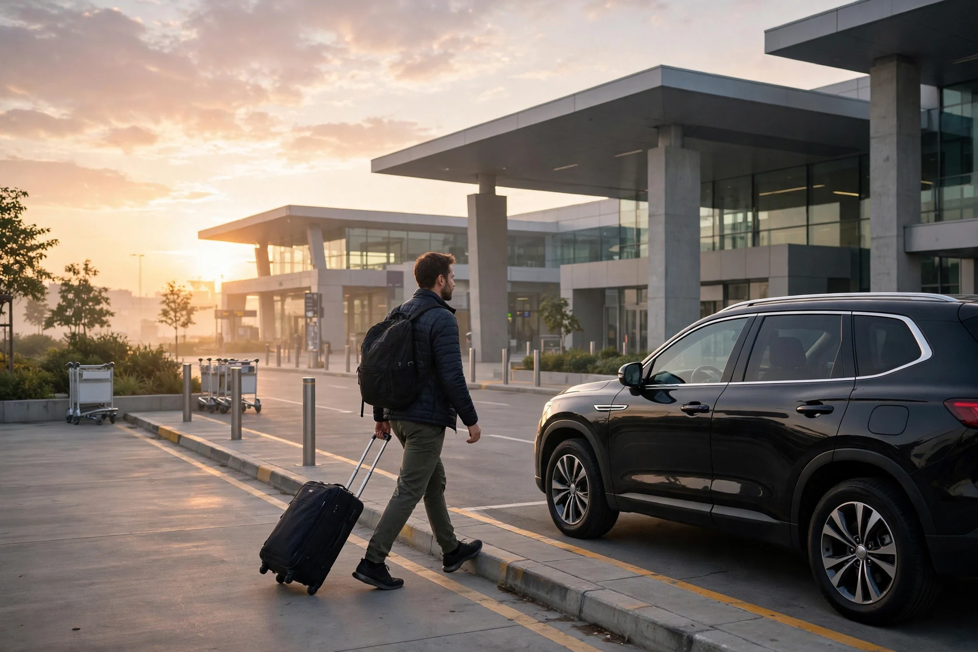 Blogs | Articles | News | Tips & Tricks | Video | FAQ | Infomation 17 October 19, 2026 traveler with a rolling suitcase walking to a black SUV at an airport arrivals curb at sunrise