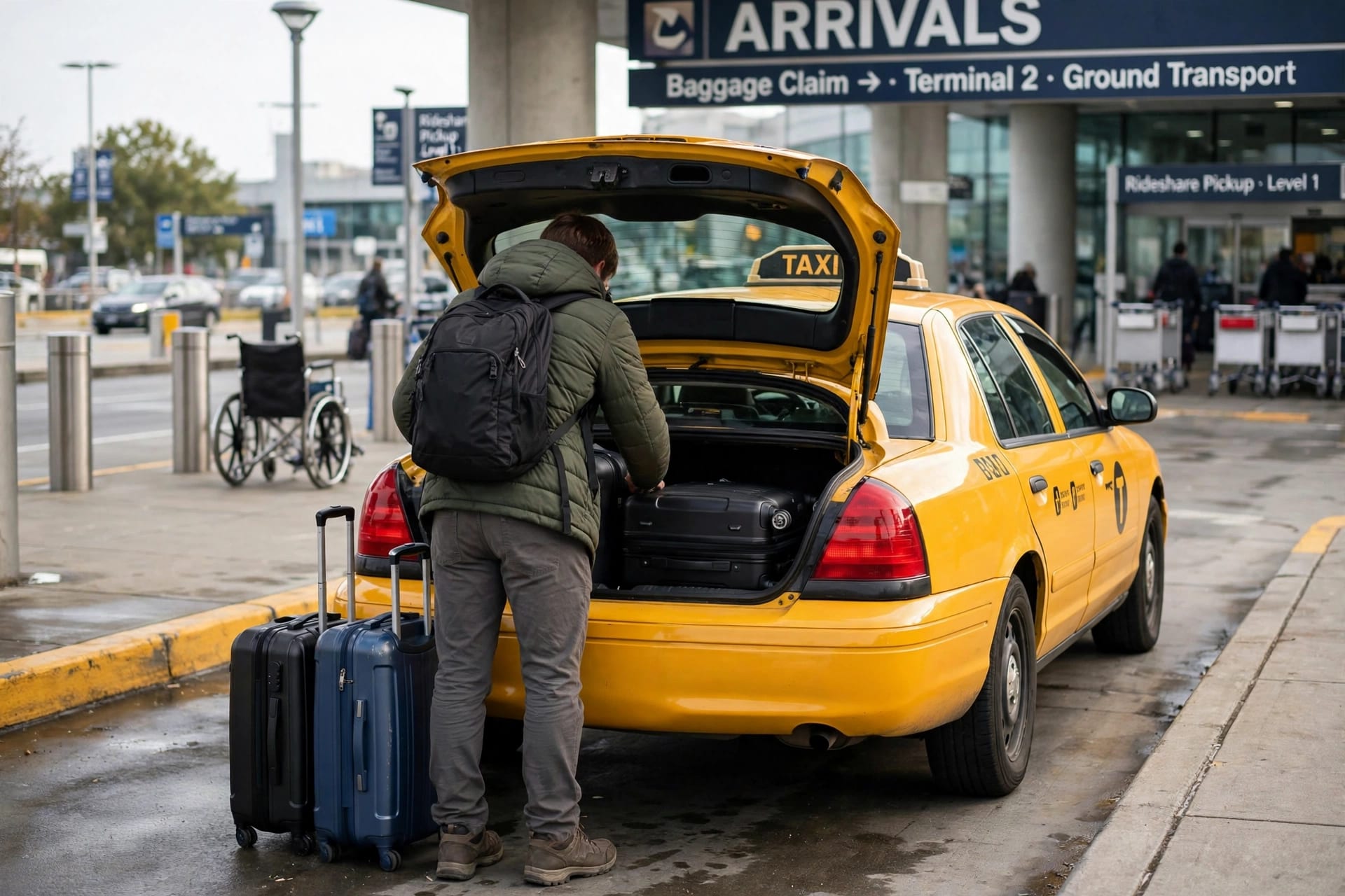 Airport Taxi Transfers Reviews: 7 Honest Cost Facts for 2026 3 October 13, 2026 traveler loading luggage into an airport taxi at the arrivals curb
