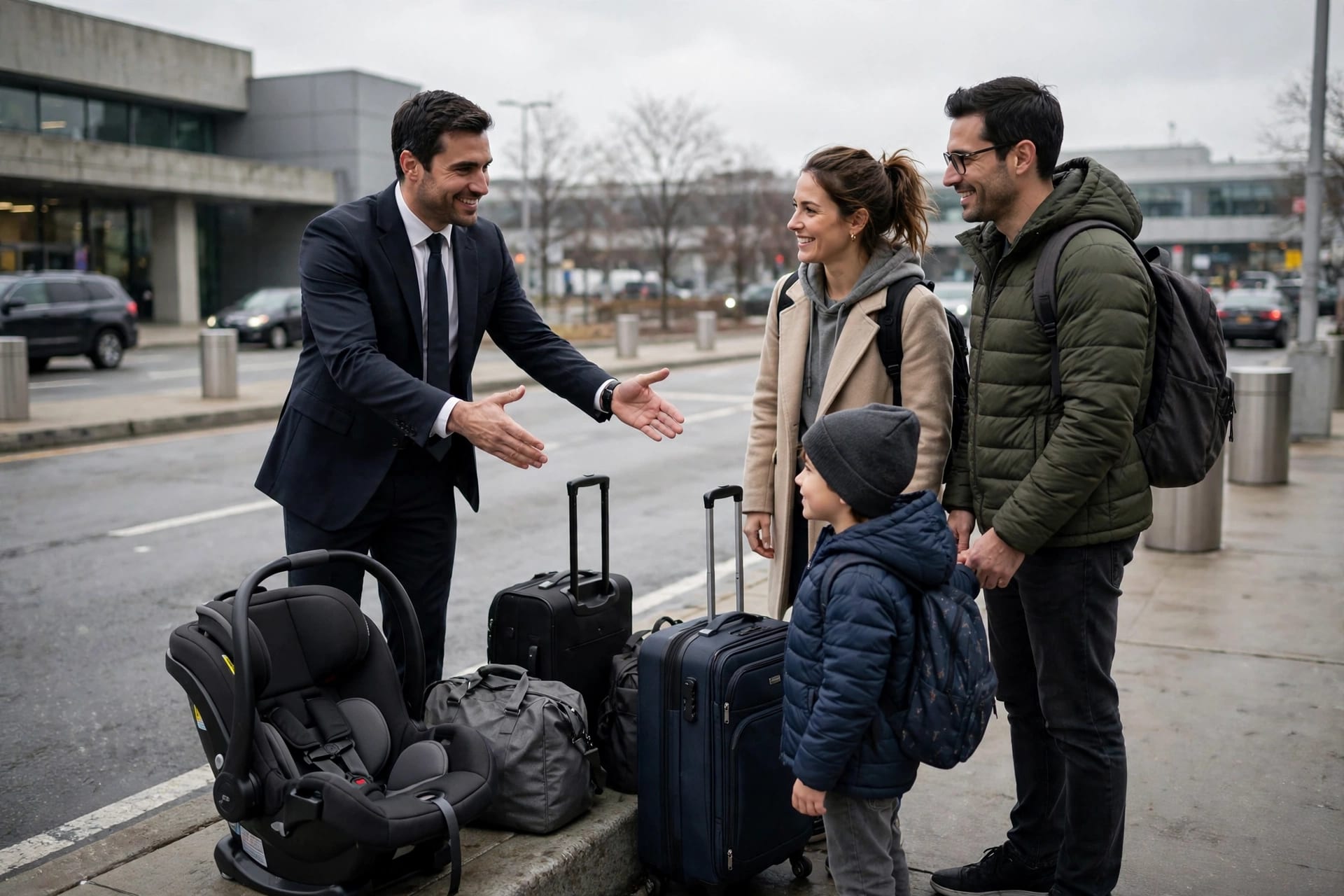 Book Taxi With Child Seat: The 2026 Parent's Booking Playbook 4 October 13, 2026 driver greeting a family at JFK airport arrivals with a child seat ready, book taxi with child seat service