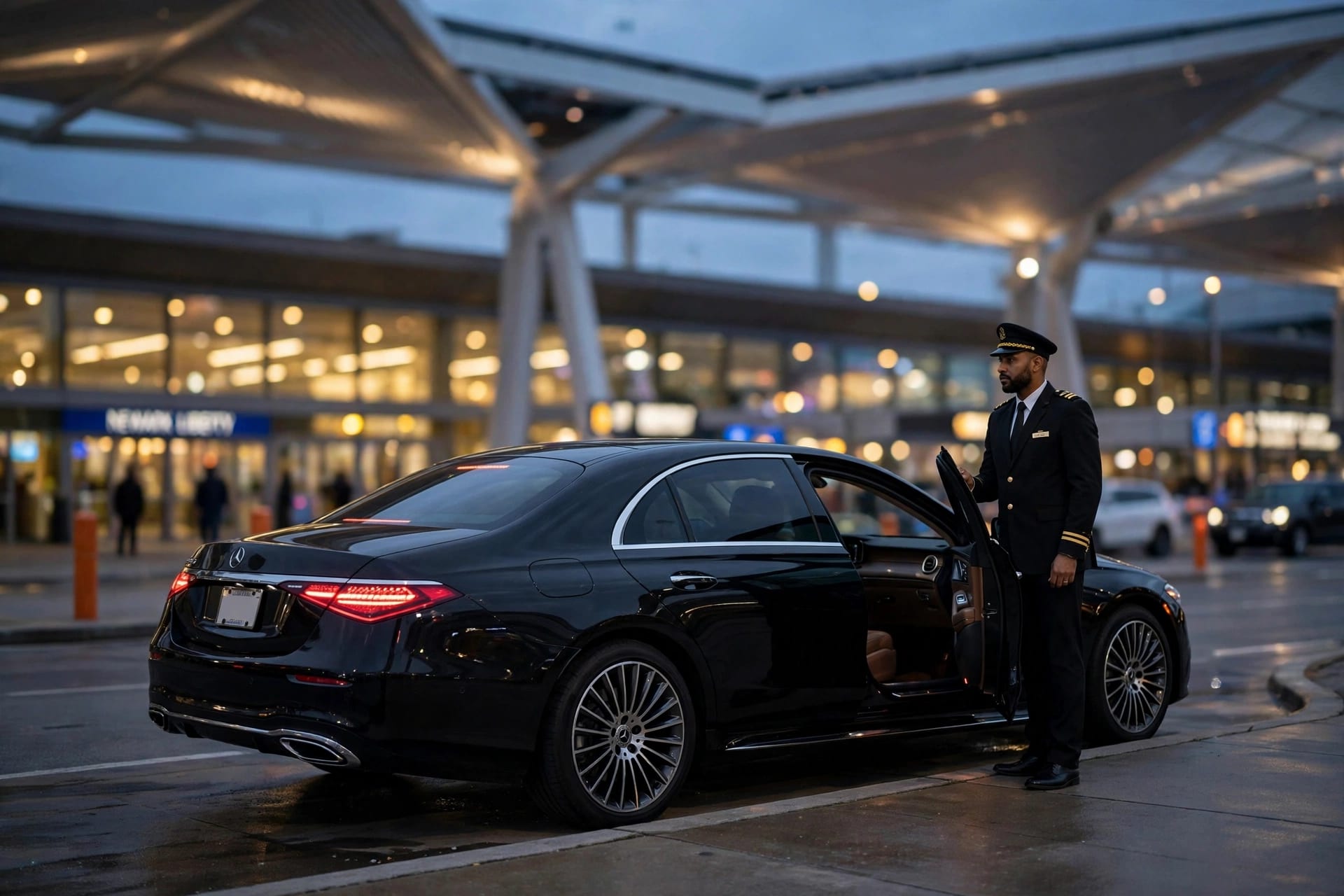 Blogs | Articles | News | Tips & Tricks | Video | FAQ | Infomation 6 October 15, 2026 airport shuttle ewr to jfk: black luxury sedan with chauffeur at Newark Liberty International Airport departures curb at dusk