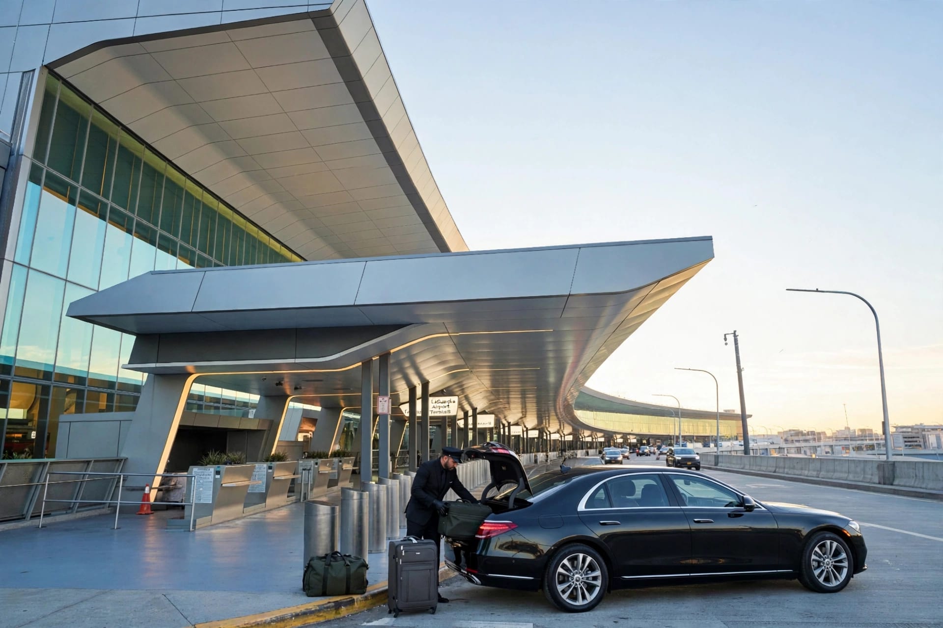 Blogs | Articles | News | Tips & Tricks | Video | FAQ | Infomation 7 October 15, 2026 laguardia airport to jfk shuttle: black luxury sedan with chauffeur at LaGuardia Airport Terminal B departures curb in the morning